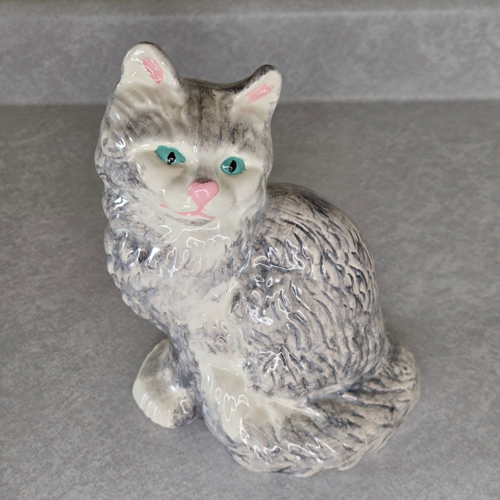 Vintage Ceramic Cat Figurine Gray White Aqua Pink Cat Lover‎ Decor Cute Kitten - Picture 3 of 7